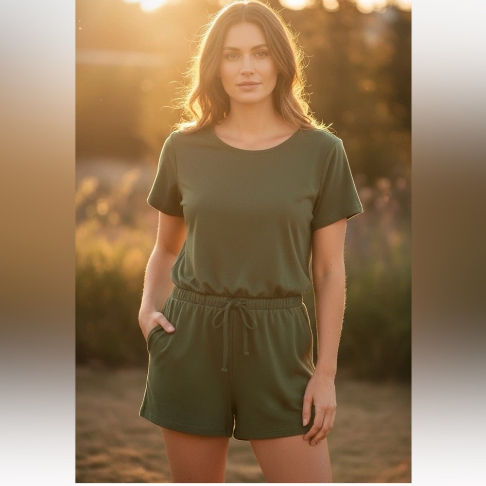 Serra Olive Green Short Sleeve One Piece Jumpsuit Romper Round Neck Size M